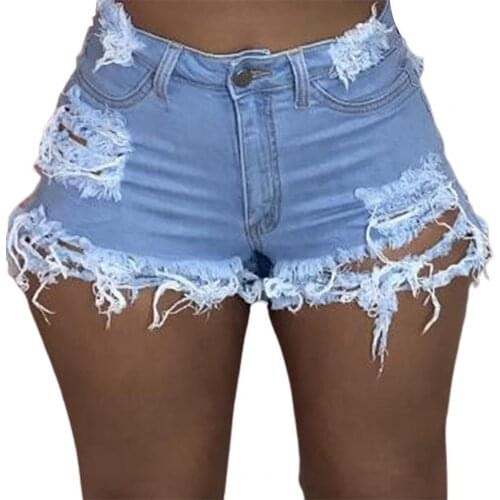 Summer Female Cool Sexy Ladies Hole Design Ripped High Waists Shorts Bottoms Women Shorts Solid Color Female Denim Short Jeans
