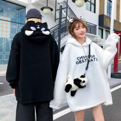 Korean Preppy Girl Faux Lambswool Sweatshirt Harajuku Vintage Punk Style Women Cute Hoodies Warm Embroidery Couple Pullovers