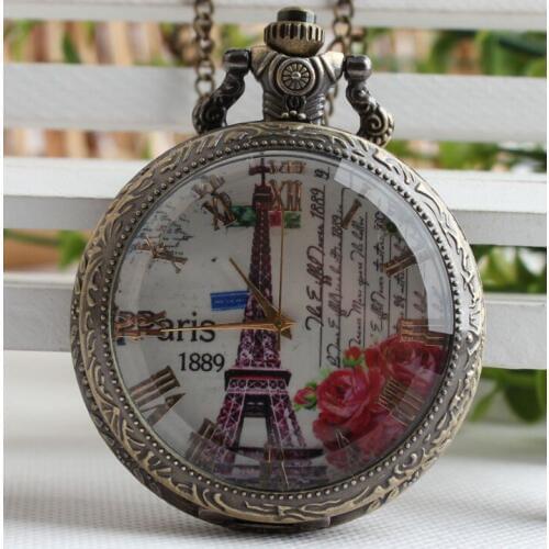 Eiffel Tower Vintage Bronze antiques quartz Roman numerals Woman pendant Necklace pocket watches Gift