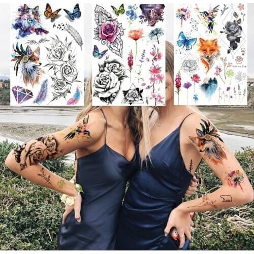 Flower Fox Cat Temporary Tattoos For Women Kids Body Art Lavender Rose Watercolour Tattoo Disposable Butterfly Large Fake Tatoos