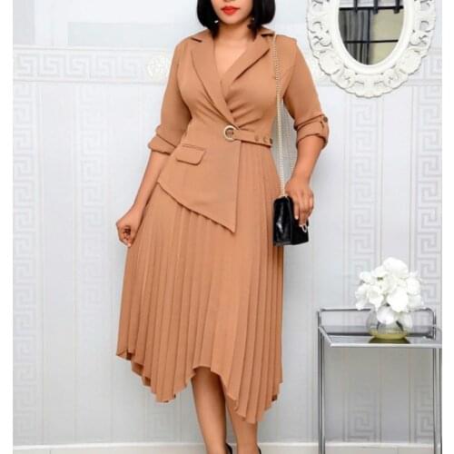 Women Elegant Dresses Blazer Pleated Irregular Length with Button Work Wear Office Ldies Modest Female Fashion Autumn New