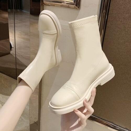2021 New Women Boots Genuine Leather Chelsea Non-slip Female The Fashion Black White Square Toe Square Heel Botas Altas Mujer