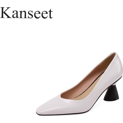Kanseet 2021 New Women Pumps Spring Autumn Genuine Leather Fashion Design Handmade Square Toe Popular Black White High Heels