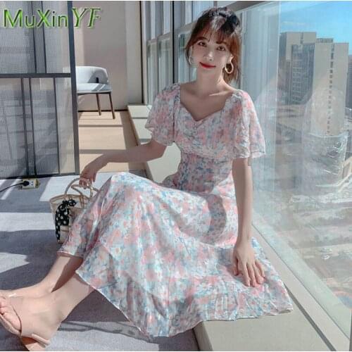 Women Korean Sweet Pink Daisy Print Dress Summer 2021 New V-Neck Short Sleeve Chiffon Skirts Lady Graceful Romantic Dresses