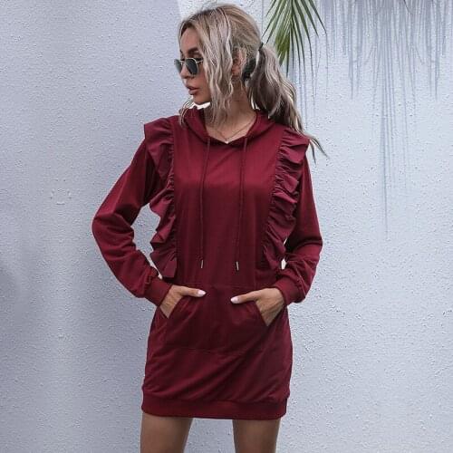 Women Spring hoodied dress Casual ruffles long sleeve hooded mini dress Sweet grils cotton high quality dresses