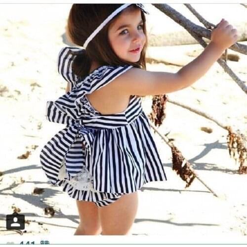 2019 Clothing Girl Baby Girls Clothes Sets New Backless Dress Bow Cotton Briefs 2pcs Summer Outfit Stripe