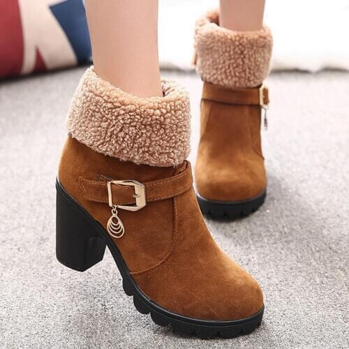 2019 Winter High Heel Boots Platform Warm Plush Square Heels Winter Shoes Womens Boots Ladies Fashion Brand Ankle Snow Boots