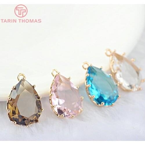 6PCS 22x14MM 24K Champagne Gold Color Brass and Glass Tear Drop Shape Colourful Glass Beads Charms Pendants Findings
