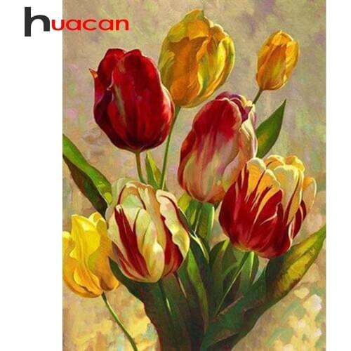 Huacan 5d Diamond Mosaic Cross Stitch Flower Diamond Embroidery Full Square/Round Tulip Diamond Painting Rhinestones Pictures
