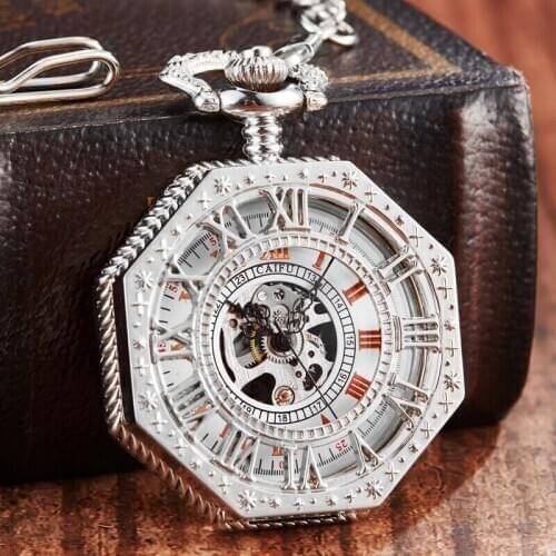 Shining Silver Octagon Mechanical Pocket Watches Men Roman Numeral Hand-Winding FOB Watch Steampunk Chain Pendent Clock Gifts
