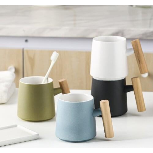 Nordic Bathroom Accessories Ceramic Mouthwash Cup Toothbrush Cup Teeth Brushes Holder With Wood Handle ванная комната
