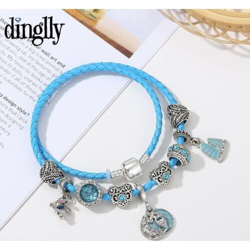Dinglly Summer Ocean Style Blue Leather Bracelets For Women Heart Beads Elephant Sailing Charm Bracelet Bangles Jewelry Gifts