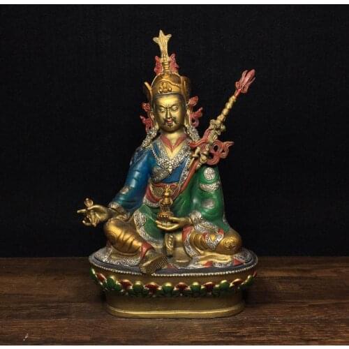 Home Decor 10" Tibet Buddhism Temple Old Bronze Painted Guru Padmasambhava Buddha Statue Guru Rinpoche statue Enshrine