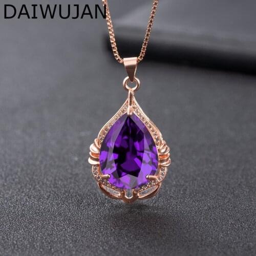 DAIWUJAN Elegant Rose Gold Water Drop Amethyst Gemstone Pendant Necklace for Women Wedding Party Silver 925 Jewelry Wholesale