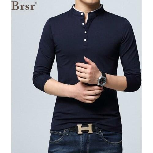 Spring And Autumn Oversized Mens Clothing T-Shirt Men Cotton T Shirt Full Sleeve Solid Color Tops Tees Neck Navy Blue Tshirt