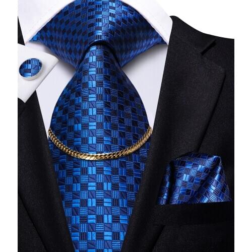 Hi-Tie Blue Luxury 100% Silk Mens Ties Handkerchief Cufflinks Set With Tie Chain Navy Fashion Ties for Men Classic Business