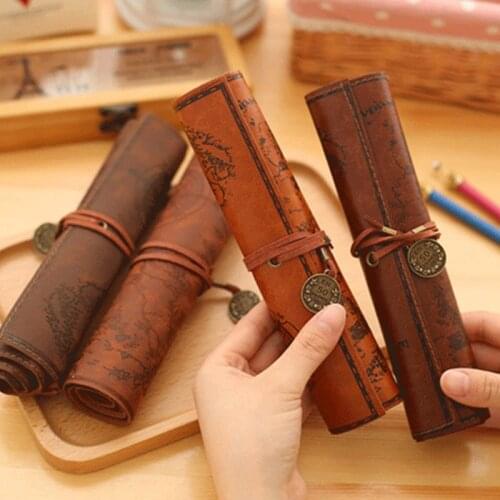Treasure Map Retro Pencil Bag Imitation Leather Cosmetic Bag Roll Pen Bag Makeup Brush Bag School Office Stationery Gifts