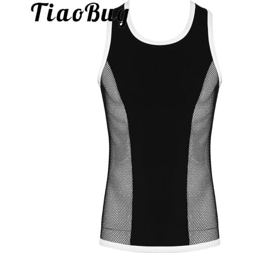 XL Sexy Men Vest New Fashion Shiny Hollow Out Mesh Patchwork Tank Top Clubwear Summer Sport Gym Fitness Workout Sleeveless Vest