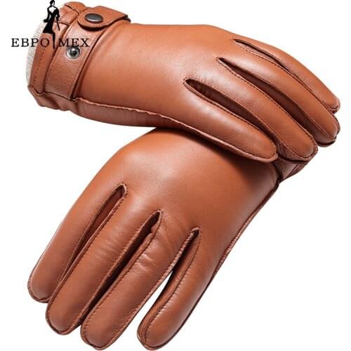 Genuine Leather mittens Top Grade gloves male Fashion leather gloves Vintage driving gloves warm gloves winter Brown lambskin