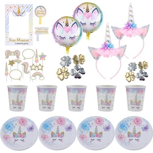 Unicorn Disposable Tableware Plate Cups Tablecloth Straws Kids Birthday Unicorn Theme Birthday Children Party Decoration