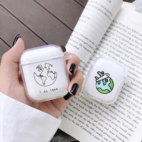 Travel Earth Transparent Case for Airpods 1 2 Case Soft Silicone Earphone Airpods Case Cover With Hole Cartoon Word Map Coque