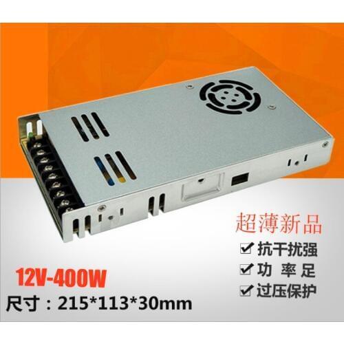 Size: 215mm*113mm*30mm; 12V/400W Slim type switch mode constant voltage LED power supply;AC110-220V input;DC12V/400W output