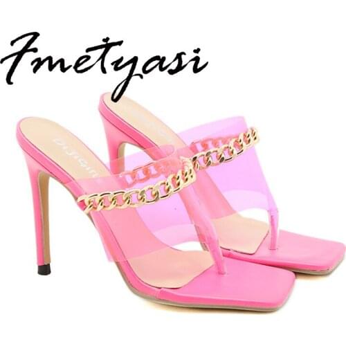 High-heeled Sandals for Women Heels Metal Chain PVC Transparent Jelly Flip Flops Heels Roman Slip-on Stiletto High Heels Fashion