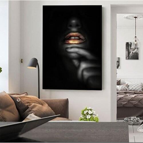 Sexy Golden Lips Canvas Paintings On The Wall Posters And Prints Black Girl Wall Art African Art Wall Pictures Home Wall Decor