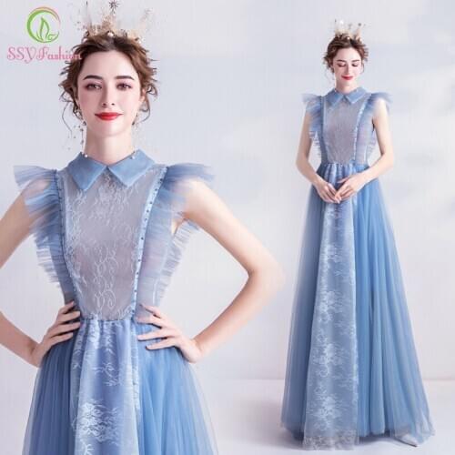 SSYFashion New Grey Blue Evening Dress Lovely Turnover Collar Lace Beading Long Prom Party Gown Special Occasion Dresses Vestido