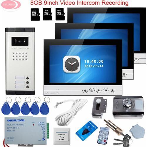 3 Units Video Door Phone Intercom System 9inch Video Intercom With Recording +8GB TF Card Keys For The Doorphone Rfid Door Lock