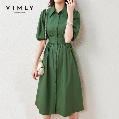 VIMLY Summer Green Dress For Women Vintage Puff Sleeve Shirt Dress High Waist Aline Long Dress Female Prom Party Vestidos F6781