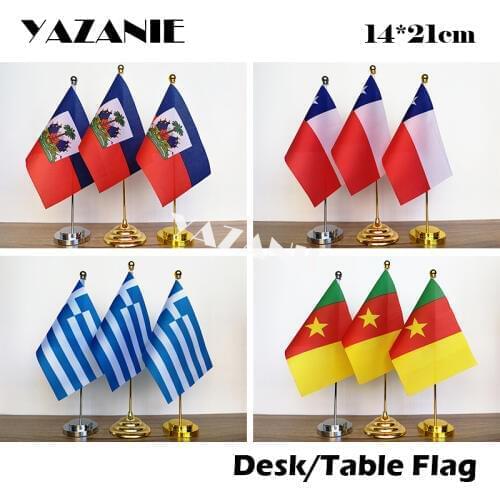 YAZANIE 14*21cm Haiti Chile Flag Desk Set Greek Custom Table Flags and Banners Cameroon Woven Polyester World Country Hand Flag