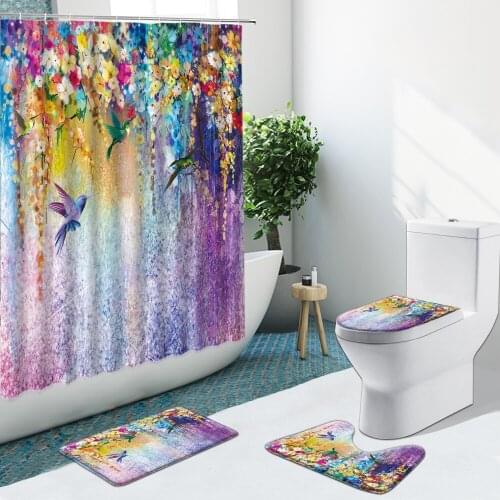 Purple Flowers Shower Curtains Hyacinth Green Leaf Bird Non-Slip Pedestal Flannel Rugs Toilet Cover Bathroom Set Bath Mat Decor