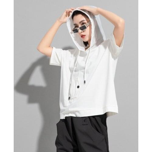 Lady summer new fashion street personality splice loose casual large sleeve hooded T shirt