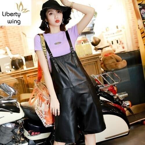 Womens Sheepskin Genuine Leather Casual High Quality Soft Female Trouser Autumn Streetwear Straps Short Suspender Shorts