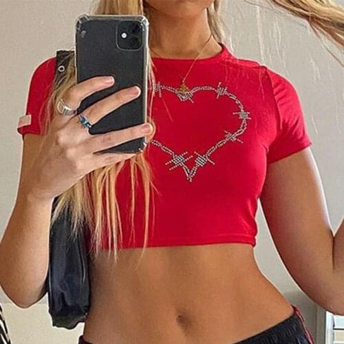 Womens Sexy Bustier Tops Sleeveless Backless Bling Heart Diamond Print Crop Top Summer Red O-neck Corset Tops Y2k Streetwear