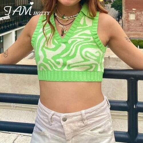 Y2k Paisley Knit Crop Top Women Harajuku Green V-neck Cute Sweater Vest Sleeveless Sexy Corset Tops Summer Vintage Cami Iamhotty
