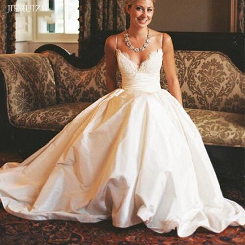 JIERUIZE White Taffeta Wedding Dresses Lace Appliques V-neck Spaghetti Straps Cheap Wedding Gowns Bride Dresses robe de soiree
