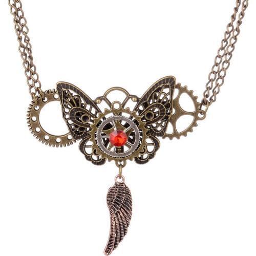 2016 Latest Design Gears And Butterfly Wing Charms Vintage Steampunk Pendant Necklace Bronze Ox Plated
