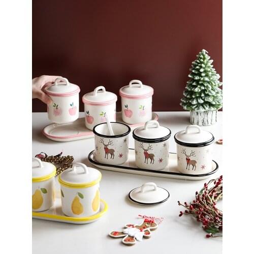4 pcs Ceramic Tableware Christmas Products Decor Kitchen Spice Jars Set with Spoon Condiment Dispenser for Kitchen Convenience
