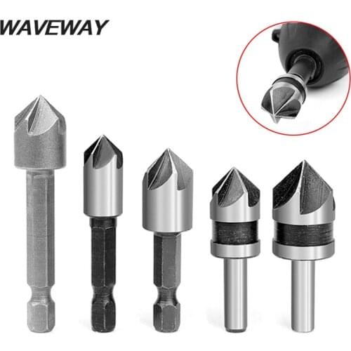 5pc Industrial Countersink Drill Bit Set 5 Flutes Counter Sink Woodworking Drill Bits Metal Working Chamfer Chamfering Cutter