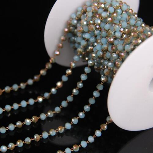 3x4mm Sky Blue&Champagne Glass Rosary Chain,Crystal Faceted Rondelle Beads Link Brass Wire Wrapped Chain,Necklace Jewelry Crafts
