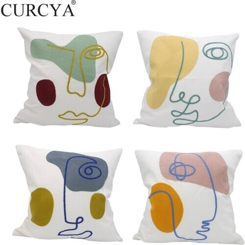 CURCYA Nordic Morandi Abstract Face Embroidered Cushion Covers White Cotton Canvas Art Decorative Throw Pillow Cases 45x45cm