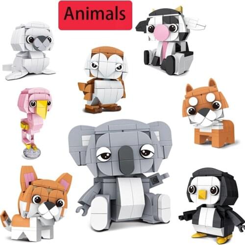Animals Figures Penguin Kids Owl Koala Farm Toy Cow Sea Lion Toys For Children Model Corgi Bird Shiba Inu Animal Building Blocks