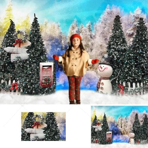 Christmas Forest Photography Backdrop Winter Snow Trees Mailbox Snowman Kids Child Portrait Background Photocall Photostudio