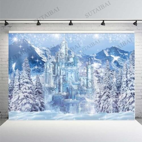 Winter Castle Photography Backdrop Blue Ice Frozen Forest Wonderland Background Photographic for Photo Studio Baby Shower Banner