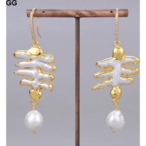 GG Jewelry Natural Freshwater Cultured White Keshi Pearl Gold Color Plated Biwa Pearl Drop Earrings CZ Hook For Women