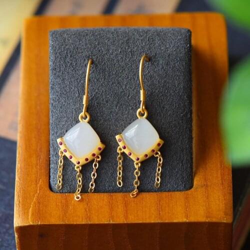 Natural Hetian Jade White Jade Small Square Earrings S925 Sterling Silver Earrings Ancient Gold Inlaid Ornament