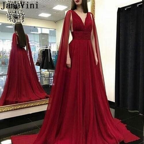 JaneVini Arabic Burgundy Long Cape Evening Dresses Chiffon V-Neck A Line Islamic Robes Ladies Formal Party Gowns sukienka damska