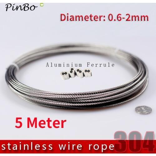 5 Meter 0.6mm 0.8mm 1mm 1.2mm 1.5mm 2mm 304 Steel Wire Rope Cable Clothesline Rustproof 304 Stainless Steel 7*7